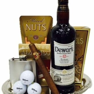 Generous Golfer's Scotch Gift Basket, Dewars 12 gift basket, Dewars Gift Basket, Golf GIft Basket, Golf Scotch Gift Basket, Alcoholic golf gift basket, golf lover gifts, engraved golf gifts